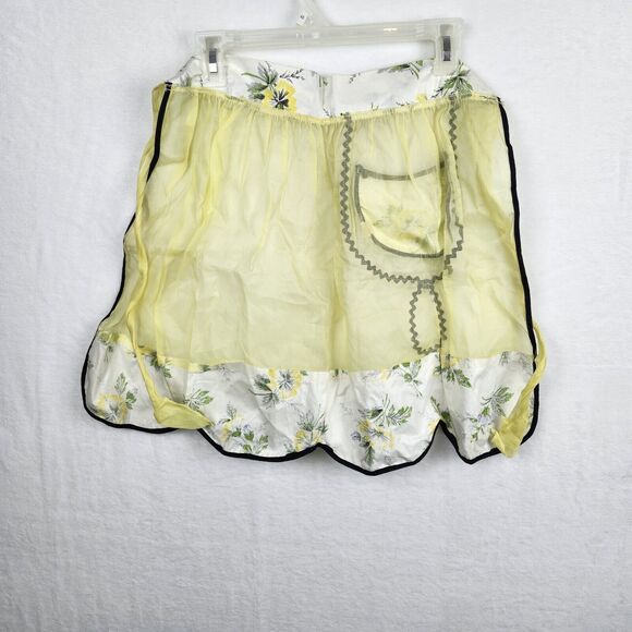 Vtg Sheer Half Hostess Apron Dainty Floral Yellow Organza Black Trim Cottagecore - Picture 4 of 8